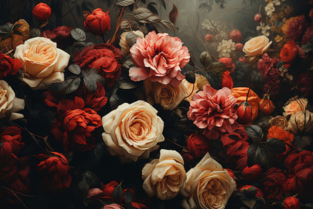 The flowers are in full bloom and are arranged in a natural and organic manner. The image has a dark and moody background with the flowers in the foreground.の素材