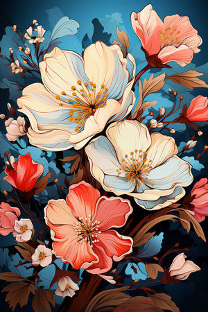 A digital art illustration of a bouquet of colorful flowers, featuring a variety of shapes and sizes in shades of red, orange, yellow, blue, and purple. The flowers are arranged in a spiral pattern and tiedの素材