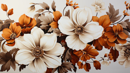 Bouquet of white and orange flowers on a white background, arranged in a spiral pattern and tied with a white ribbon. The flowers are in full bloom and have delicate petals.の素材