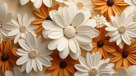 a stunning bouquet of daisy-like flowers in shades of white and orange. The intricate details of the flowers are captured beautifully against a beige background.の素材