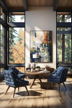 Inviting living room with a plush white couch, sturdy coffee table, and large painting of a sun-kissed beach. The space is decorated in calming neutral tones with pops of blue from the throw pillows and artworkの素材