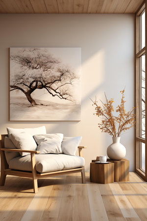 A bright and minimalist living room with a white couch, coffee table, and rug, with a large window overlooking a lush green forest.の素材
