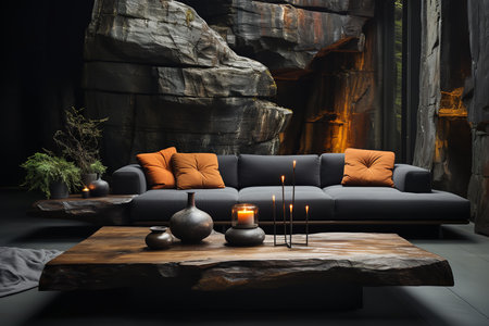 Stylish contemporary living room with fireplace, sectional couch, coffee table, ottoman, rug, and floor lamp. The fireplace is the focal point of the roomの素材