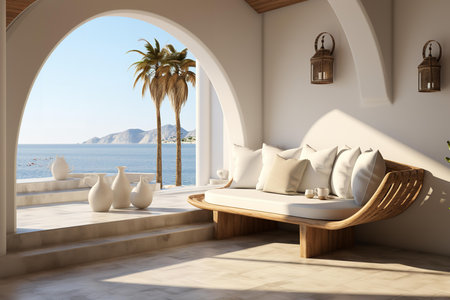 Cozy couch on a balcony with a stunning ocean view. The couch is surrounded by potted plants and flowers, creating a relaxing oasis. The perfect place to enjoy a cup of coffee or a waterの素材