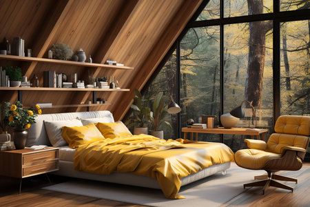a cozy bedroom in a wooden cabin with a large window overlooking a mountain landscape. The room is furnished with a bed, nightstands, lamps, and a rug.の素材