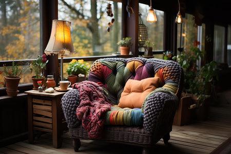 Vibrant chair on a porch next to a window, overlooking a lush garden. The chair's bold colors contrast beautifully with the green foliage and bright flowers.の素材