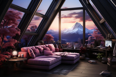A cozy living room with a purple couch, pillows, and a television on the wall. The room has a large window that offers a breathtaking view of the snow-capped mountains and a lake.の素材