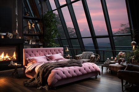 Dreamy pink cabin with a fireplace and a stunning sunset view. The room is decorated in soft pinks and whites, with cozy bedding and plush pillows. The fireplace creates a warm and inviting atmosphereの素材