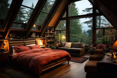 a cozy and inviting cabin with a large window overlooking a forest. The room has a warm and rustic feel with wooden walls and a vaulted ceiling. The bed is covered in a red comforter and there is a gray sofaの素材