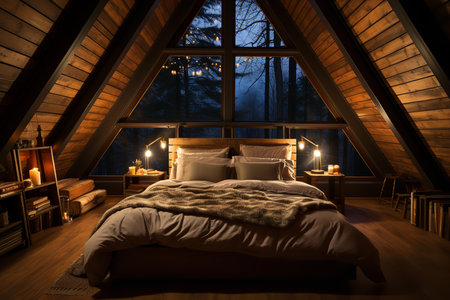 A minimalist cabin with a bed, nightstand, lamp, and window. The bed is made with white bedding and has a textured throw blanket at the foot.の素材