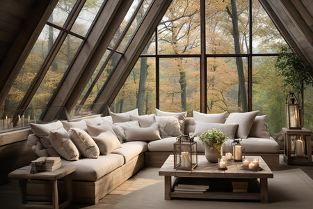 Cozy living room with large sectional couch facing fireplace and lanterns. Soft rug and throw pillows add to the inviting atmosphere. View of the woods through the window is serene and calming.の素材