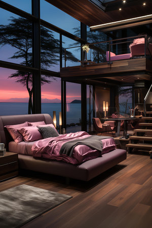 A modern cabin with a view of the ocean, featuring a large bed with white linens, a wooden staircase leading to a private balcony, and a floor-to-ceiling window looking the breathtaking ocean scenery.の素材