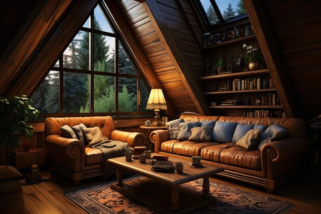 Charming living room in an attic, featuring a comfortable couch, plush chairs, and rustic coffee table. The room is warmed by a crackling fireplace, and a skylight offers a breathtaking view of the night sky above.の素材