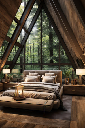A tranquil cabin with a view of the woods, featuring a cozy fireplace with a stone hearth, a bed with a white quilt, and a nightstand with a lamp. The room is decorated in a neutral color paletteの素材