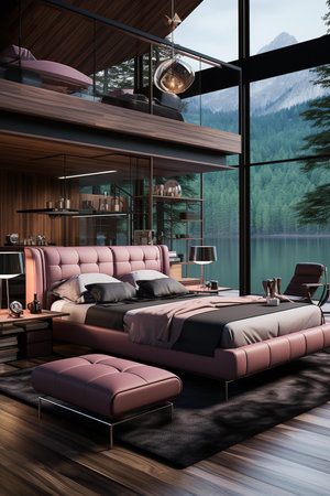 A modern cabin with a large bed and window overlooking a lake, featuring a wooden bed frame with white linens, a white nightstand with a lamp, and a large window with sheer curtains.の素材