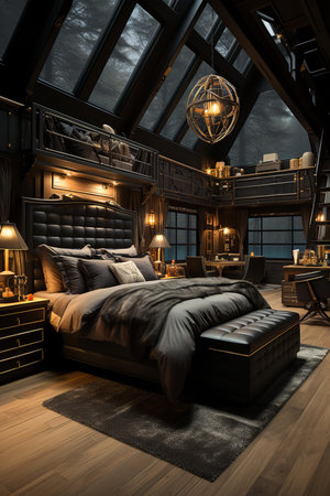 This spacious cabin features a king-size bed with white linens, a nightstand with a lamp, and a large window that showcases the breathtaking ocean view.の素材