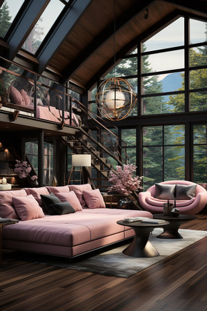 Inviting living room with fireplace, couch, and chairs, offering breathtaking views of a lush green garden. The fireplace is crackling merrily, and the comfortable seating is perfect for relaxingの素材