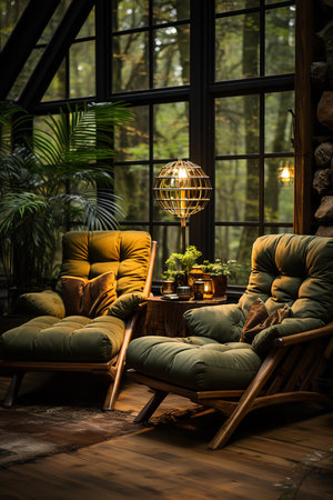 Inviting seating area with two comfortable chairs placed in front of a large window. The chairs are upholstered in a soft fabric and feature inviting pillows, offering the perfect spot to relaxの素材