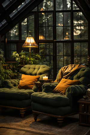 Inviting living room featuring two comfortable green chairs and a warm lamp, offering a perfect spot to relax and unwind. The chairs are upholstered in soft velvet and adorned with decorative pillowsの素材
