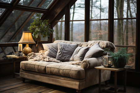 Warm and inviting living room with a couch, coffee table, and lamp in front of a large window that offers stunning views of a snow-covered forest. The room is decorated in neutral tonesの素材