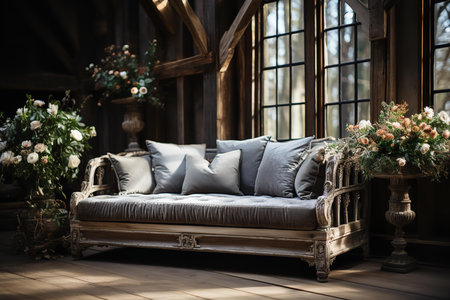 A cozy couch with pillows and flowers in front of a large window with a view of a lush, green garden. The couch is covered in soft, inviting pillows, and the flowers add a touch of color and freshnessの素材
