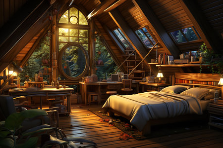 A space saving cabin with a loft bed, desk, and stairs. The loft bed is made of wood and has a metal railing, and the desk is built into the stairs. A white lamp sits on the deskの素材