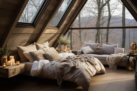 A warm and inviting cabin with a canopy bed draped in soft white curtains, a crackling fireplace, and a cozy sitting area. The bed is made with a white duvet and pillowsの素材