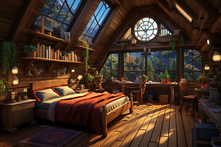 A serene cabin with white walls, a wooden bed frame, and two floating wooden nightstands. A large window overlooks a lush forest, filling the room with natural light and stunning views.の素材