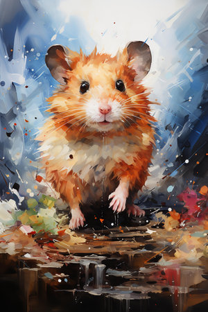 A mesmerizing watercolor depicts an adventurous hamster, its fur swirling with galactic hues, as it floats amidst a cosmic ballet of nebulas and stars.の素材