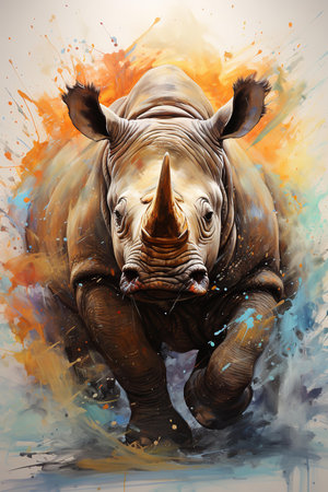 A rhinoceros, its form wreathed in stardust, emerges from a swirling nebula. Its horn glows with an ethereal light, echoing the celestial tapestry behind it. The viewer is mesmerized by this otherworldly fusion of beast and cosmosの素材