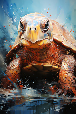 Detailed digital painting of a tortoise standing in a tropical river with colorful skin. The tortoise is depicted in a realistic style, with a textured shellの素材
