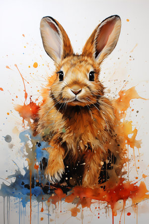 Enchanting watercolor painting captures the essence of a playful rabbit. Its oversized ears flop adorably, while its fur is rendered in a soft, dreamy palette of blended hues.の素材