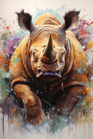 An ethereal watercolor painting unfolds, revealing a majestic black rhino emerging from the golden embrace of an African sunrise. Its wrinkled hide glistens with dewdrops as it steps into the tall grassesの素材