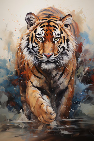 Dynamic digital artwork of a Bengal tiger, stripes like lightning, powering through aqua water. Its snarling maw and piercing gaze reveal the apex predator.の素材