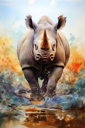 A breathtaking digital artwork unveils a creature of myth and legend. A rhinoceros, its form wreathed in stardust, emerges from a swirling nebula. Its horn glows with an ethereal lightの素材
