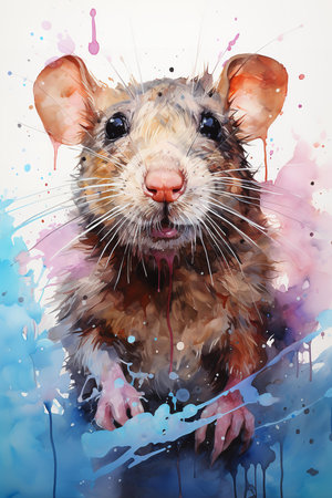 Watercolor whimsy. Playful mouse with oversized ears, splotches of paint dance across the page. Pure joy bursts from the canvas.の素材
