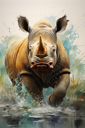 A breathtaking digital artwork ignites the senses. A mighty rhinoceros, its horn glowing ember-red, thunders across a savanna ablaze with sunset colors.の素材