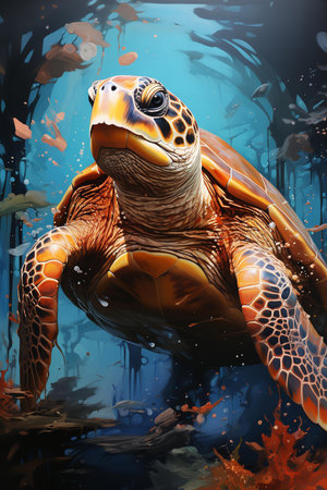Graceful digital painting of a sea turtle swimming in a blue ocean with sunlight filtering through. The turtle is depicted in a realistic style, with detailed scales and shellの素材