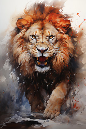a digital art piece of a lion roaring. The lion is depicted in a realistic style with a mix of watercolor and splatter effects. The background is a mix of white and gray with splatter effects.の素材