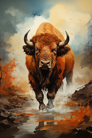 a charging buffalo with a realistic appearance. The buffalo is shown in a dynamic pose with its head lowered and horns pointing forward. The background is a mix of orange and blue colorsの素材