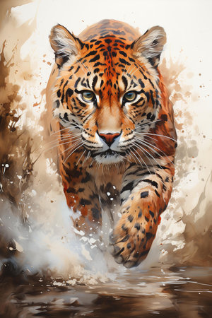 a tiger walking towards the viewer. The tiger is in the center of the image with a background of trees and bushes. The colors are warm and the lionâs mane is a bright orange.の素材