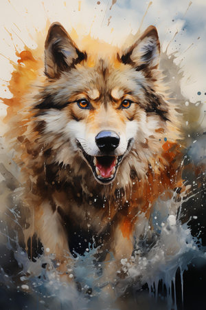 A captivating digital art painting of a colorful wolf sitting on a windowsill, looking out at the night sky. The wolf fur is a swirling kaleidoscope of colors, and its eyes are bright and intelligent.の素材