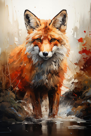 a red fox standing in a snowy landscape. The fox is looking directly at the viewer with a curious expression. The background is abstract with splashes of red and white.の素材