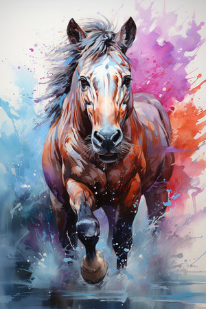 A stunning oil painting of a brown horse running through blue water, splashing water everywhere. The horse's muscles are tensed and its mane and tail are flying in the wind. The artist has used a variety of brushstrokesの素材