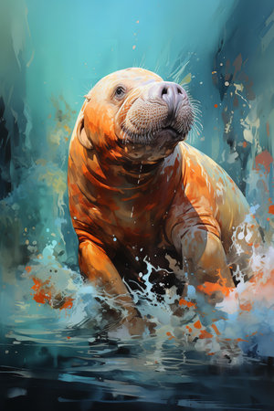 A vibrant and colorful painting of an elephant seal with orange skin. The artist has used a variety of hues to create a sense of movement and energy. The elephant's seal are prominently displayedの素材