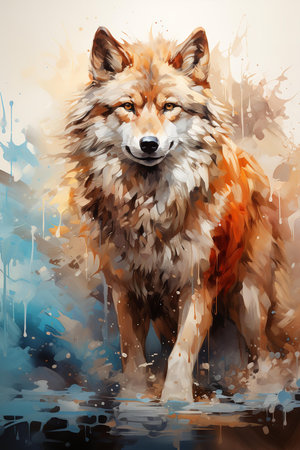 The wolf is depicted in mid-stride, its muscles tensed and its fur flying. The artist has used a variety of brushstrokes and techniques to create a sense of movement and energy in the painting.の素材