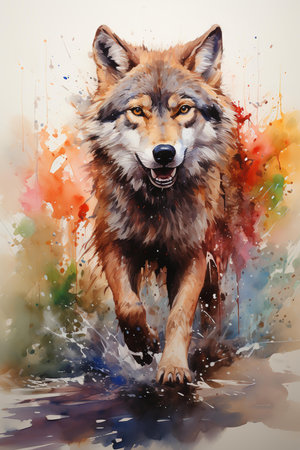A beautiful watercolor painting of a wolf running through a forest clearing. The wolf is depicted in mid-stride, its muscles tensed and its fur flying. The artist has used a variety of brushstrokesの素材