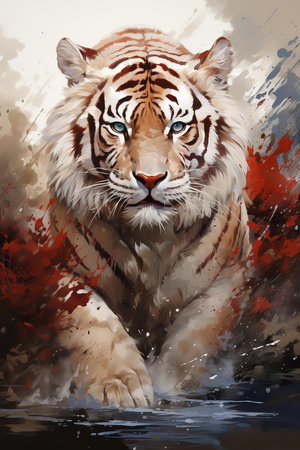 a Bengal tiger walking through water with red leaves in the background. The tiger is in the center of the image and is the focal point. The image is in a realistic style with a painterly effect.の素材