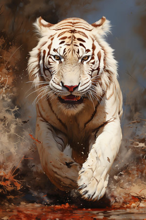 a white Bengal tiger running towards the viewer. The tiger is in a dynamic pose with its mouth open and its eyes focused on the viewer. The background is a blurred mix of brown and orange colorsの素材
