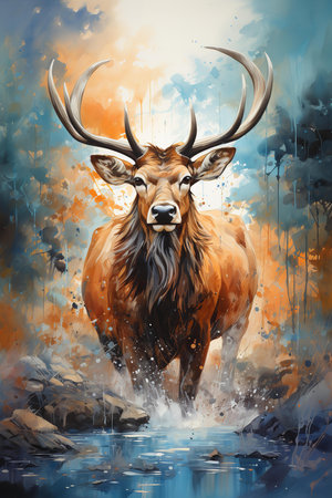 A vibrant and realistic painting of a moose leaping into a river. The moose is captured mid-air, its legs outstretched and its antlers thrown back. The river is surrounded by lush trees and rocksの素材